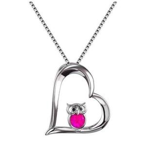 Dainty Silver Pink Simulated Opal Owl Heart Pendant Necklace